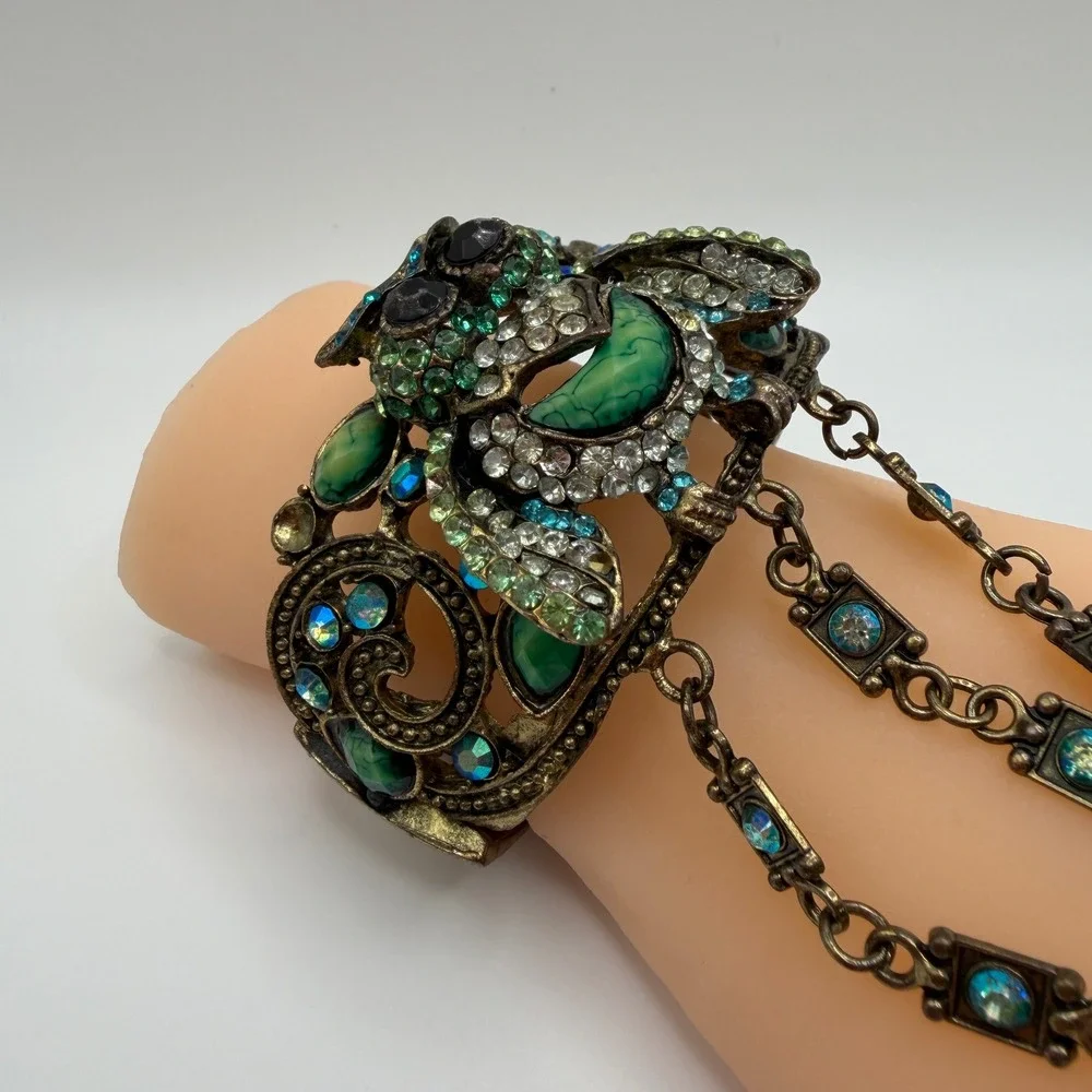 Vintage Style Owl Slave Bracelet Hand Flower Ring Set Green Blue Rhinestone Cuff